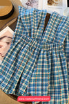Loose Floral Pattern Blue Plaid Drawstring Long Pants