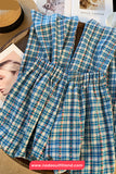 Loose Floral Pattern Blue Plaid Drawstring Long Pants