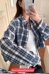 Long Sleeve Loose Drawstring Plaid Blouse Shirt