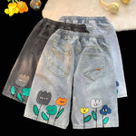 Retro Flowers Cartoon Back Printed Denim Shorts