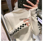 Long Sleeve Side Checkered Knitted Turtleneck Sweater