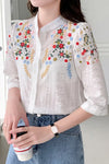 Long Sleeve Stand Collar Flower Embroidered Blouse Shirt