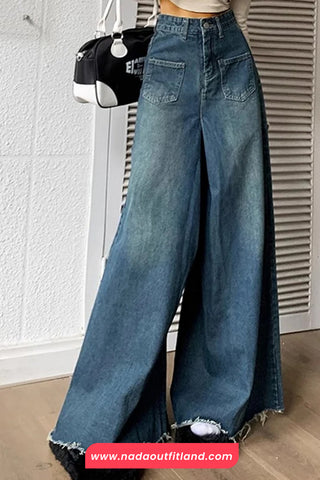 High Waist Loose Tassel Wide Leg Jeans Pants