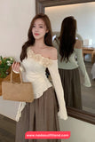 Long Sleeve 3D Floral Skew Collar Irregular Shirts