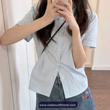 Short Sleeve Turn Down Collar Blue Blouse Shirt