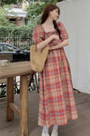 Retro Plaid Square Collar Puff Sleeve Long Dress