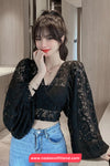 Batwing Sleeve Backless Cropped Lace Blouse Shirt