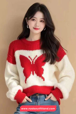 Long Sleeve Cute Butterfly O-Neck Knitted Sweater