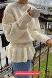 Long Sleeve O-Neck Ruffles Patchwork Knitted Sweater