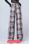 Elastic Waist Plaid Pattern Vintage Long Pants