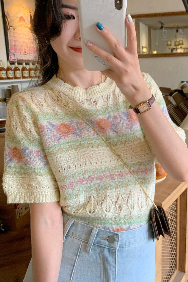 Short Sleeve Floral Pattern Knitted Shirt – Nada Outfit Land