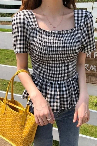 Short Sleeve Square Collar Plaid Blouse Shirts