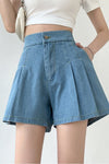 High Waist Elastic Pleated Denim Shorts