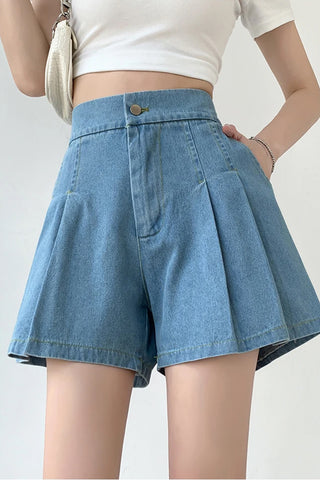 High Waist Elastic Pleated Denim Shorts