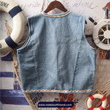 Cute Garden Embroidered V-Neck Lace Stitching Denim Vest