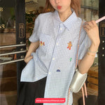 Short Sleeve Cute Bear Embroidery Plaid Blouse Shirt