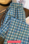 Loose Floral Pattern Blue Plaid Drawstring Long Pants