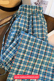 Loose Floral Pattern Blue Plaid Drawstring Long Pants