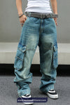 Loose Multi Flap Pockets Men Jeans Pants