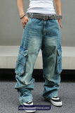 Loose Multi Flap Pockets Men Jeans Pants