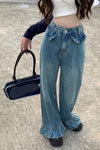High Waist Vintage Ruffled Style Loose Jeans Pants