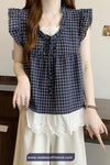 Retro Lace Patchwork Cute Plaid Blouse Shirt