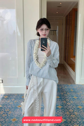 Long Sleeve 3D Floral Open Collar Striped Blouse Shirt