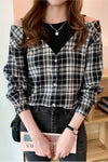 Fake Two Off Shoulder Plaid Blouse Shirt