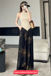 Elastic Waist Floral Pattern Black Long Pants