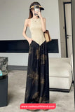Elastic Waist Floral Pattern Black Long Pants