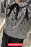 Short Sleeve Doll Collar Plaid Pattern Blouse Shirt