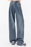 High Waist Pleated Style Washed Jeans Pants