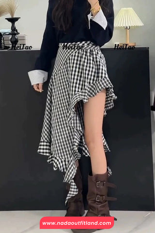 High Waist Sexy Irregular Long Plaid Skirts