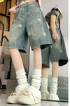 Loose Stars Pattern Washed Color Denim Shorts