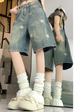 Loose Stars Pattern Washed Color Denim Shorts