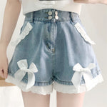 High Waist Cute Lace Bow Denim Shorts