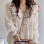 Long Sleeve V-Neck Lace Material Blouse Shirt