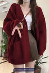 Long Sleeve V-Neck Knitted Maroon Cardigan Sweater