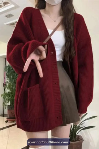 Long Sleeve V-Neck Knitted Maroon Cardigan Sweater
