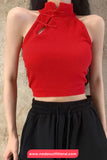 Sexy O-Neck Chinese Button Crop Tops