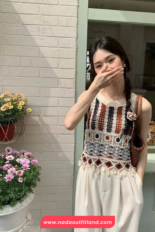 Sleeveless Knitted Hollow Out Striped Crochet Crop Tops
