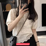 Short Sleeve O-Neck Hollow Out Crochet Shirts
