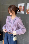 V-Neck Flower Embroidered Blouse Shirt