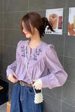 V-Neck Flower Embroidered Blouse Shirt