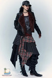 Person wearing a stylish outfit with a coat, plaid skirt, and boots on a white background.