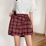 High Waist Irregular Plaid Skirts With Belt