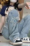 High Waist Retro Stars Side Embroidered Jeans Pants