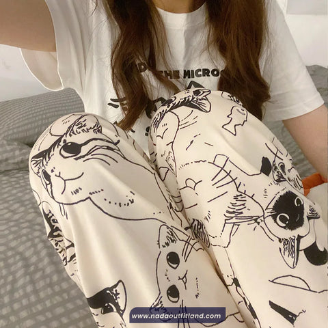 Cute Cat Printed Home Wear Long Pants