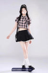 Short Sleeve Pink Plaid Cropped Blouse Shirt