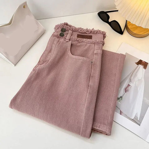 High Waist Retro Pink Long Jeans Pants